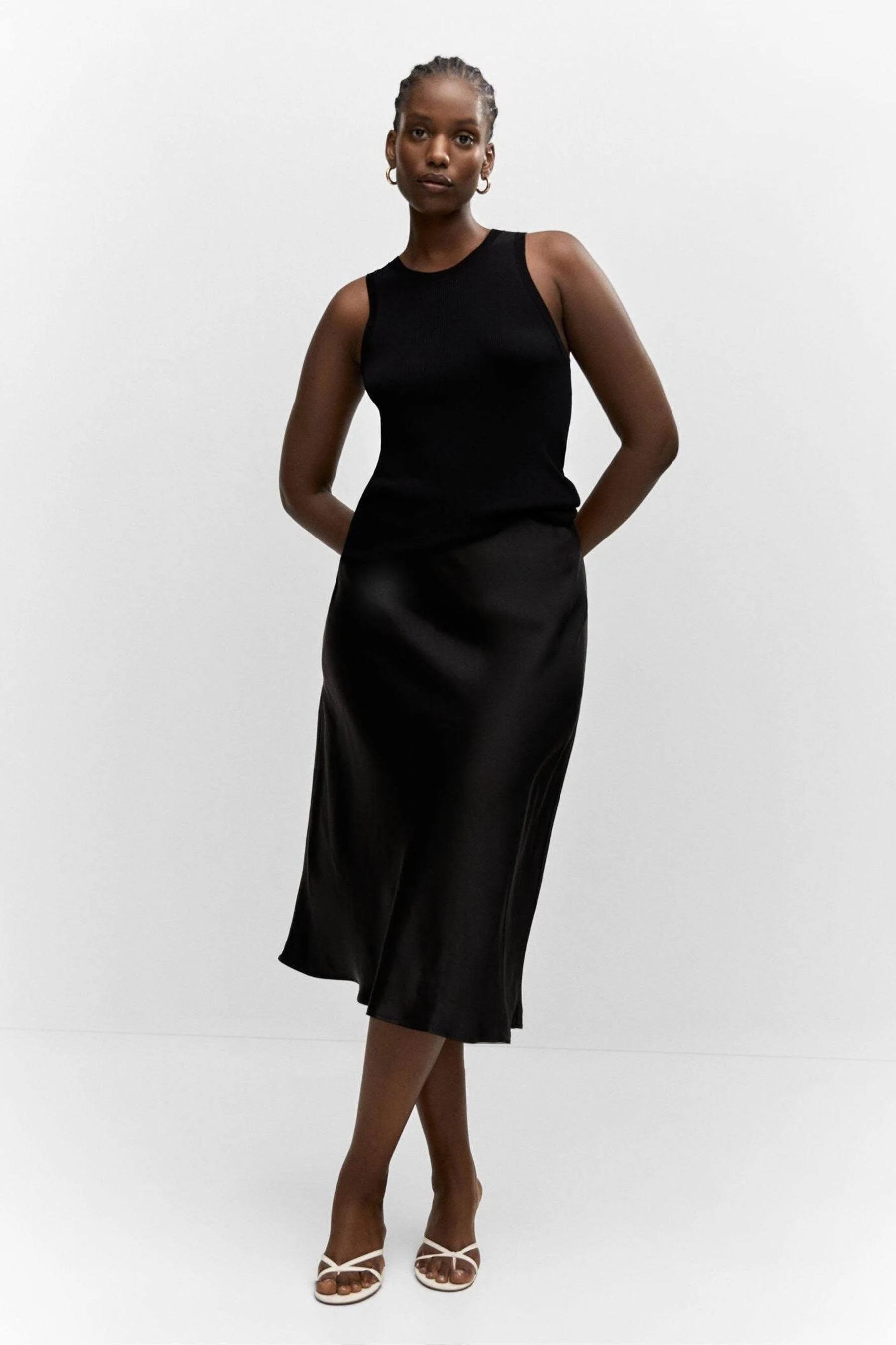 Mango Midi Slip-On Black Satin Skirt - Fashionable A-Line Midi Length | Image