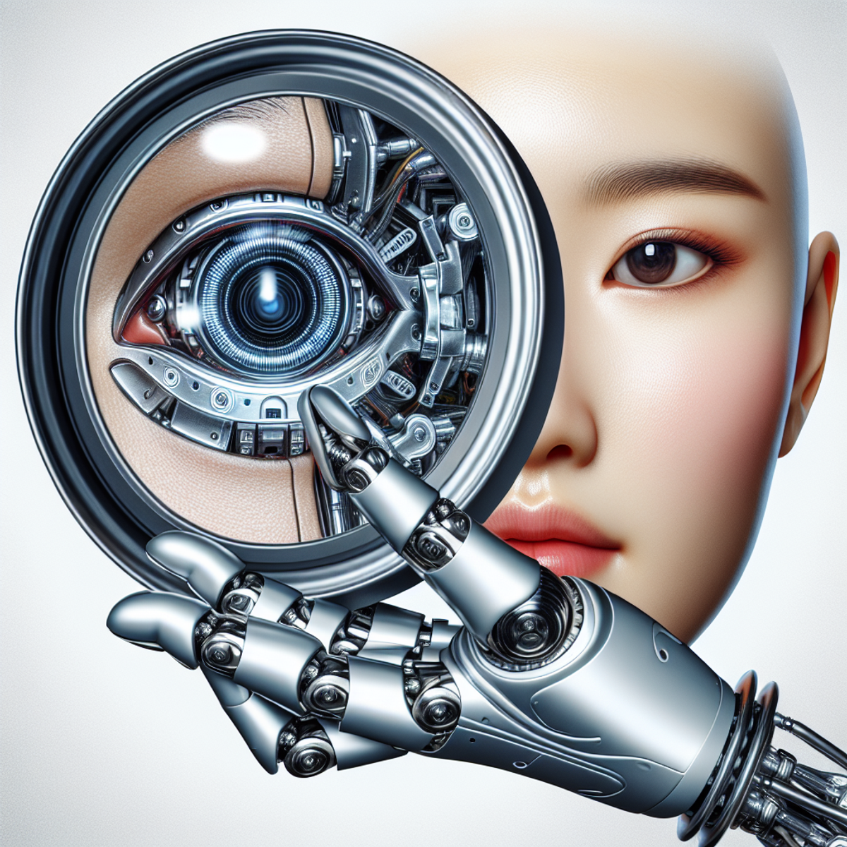 Futuristic robot hand holding a magnifying glass over a human face.