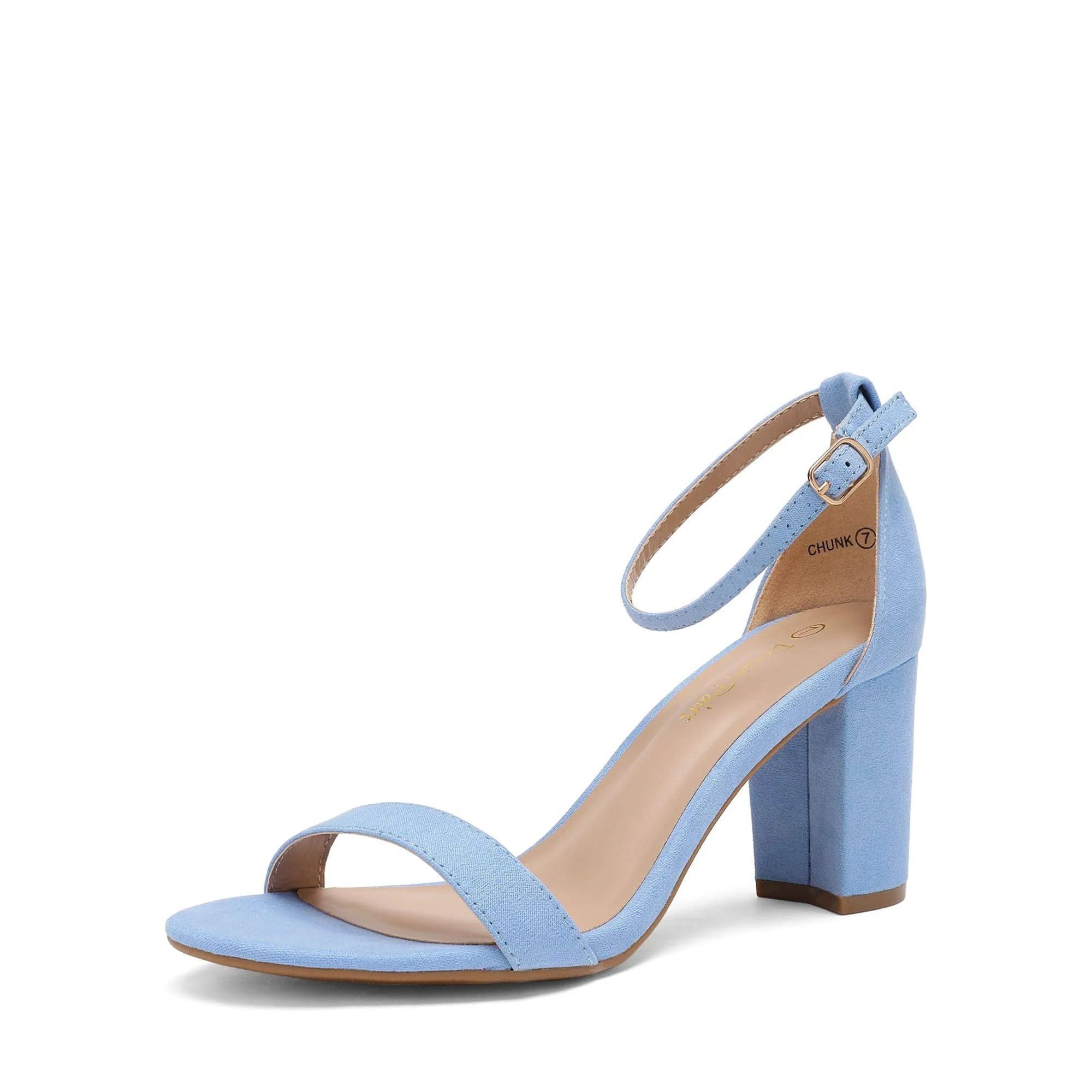 Elegant Navy Blue Block Heel Sandals with Adjustable Buckle | Image