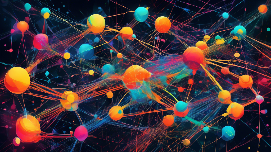 An abstract digital painting depicting the interconnectedness and complexity of full stack marketing, with various digital tools, data streams, programming languages, and marketing channels represented as vibrant nodes and lines, creating a dynamic and colorful network.
