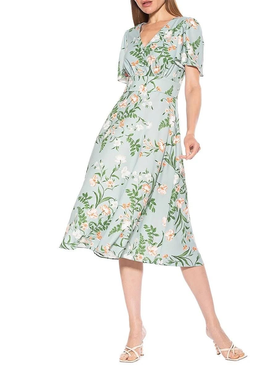 Sage Floral Fit & Flare Midi Dress for Women | Image