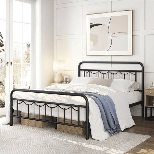 smilemart-metal-platform-queen-bed-with-vintage-headboard-and-footboard-matte-black-1