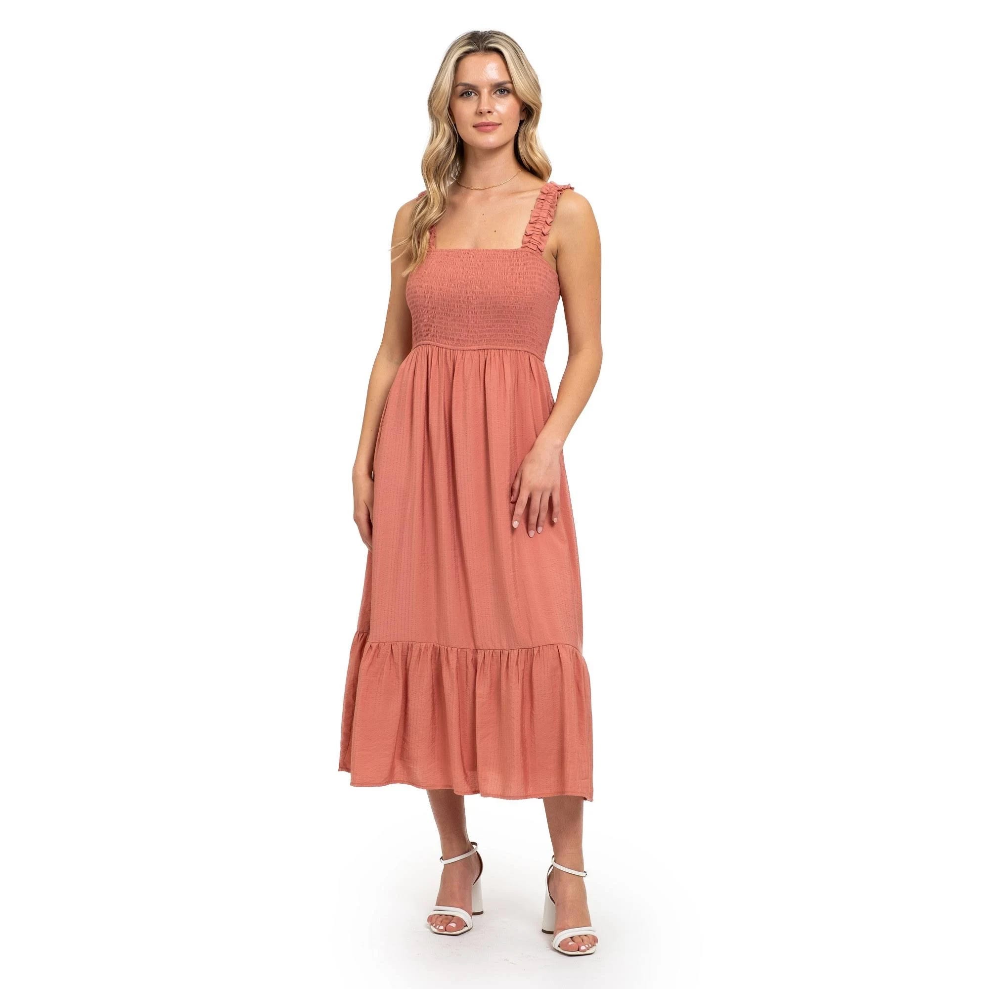 Feminine Smocked Peach Midi Dress | Image