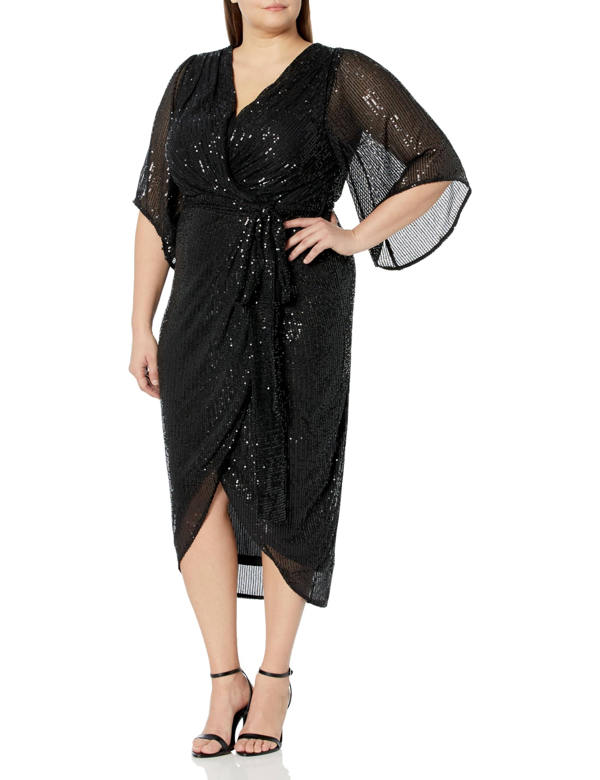 Elegant Plus Size Black Sequin Dress with Lined Midi Hemline | Image