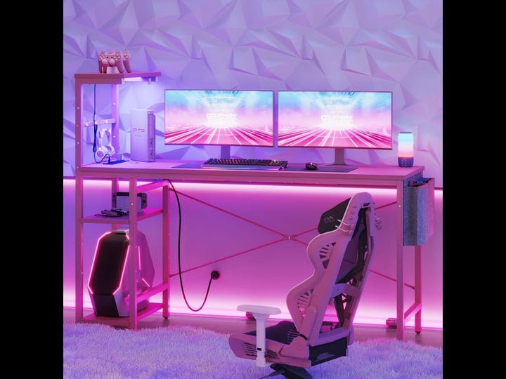 bestier-led-gaming-computer-desk-with-power-outlets-shelves-hook-side-bag-61w-pink-1