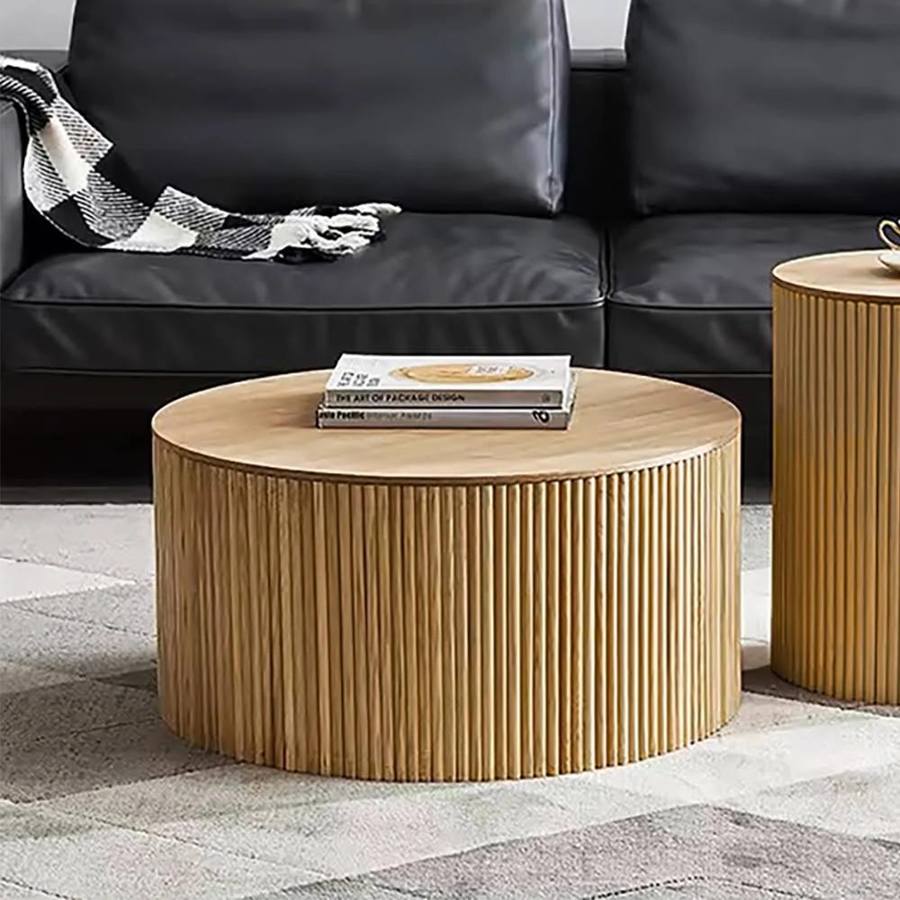 Premium Wooden Drum Coffee Table with Storage in Natural | Image