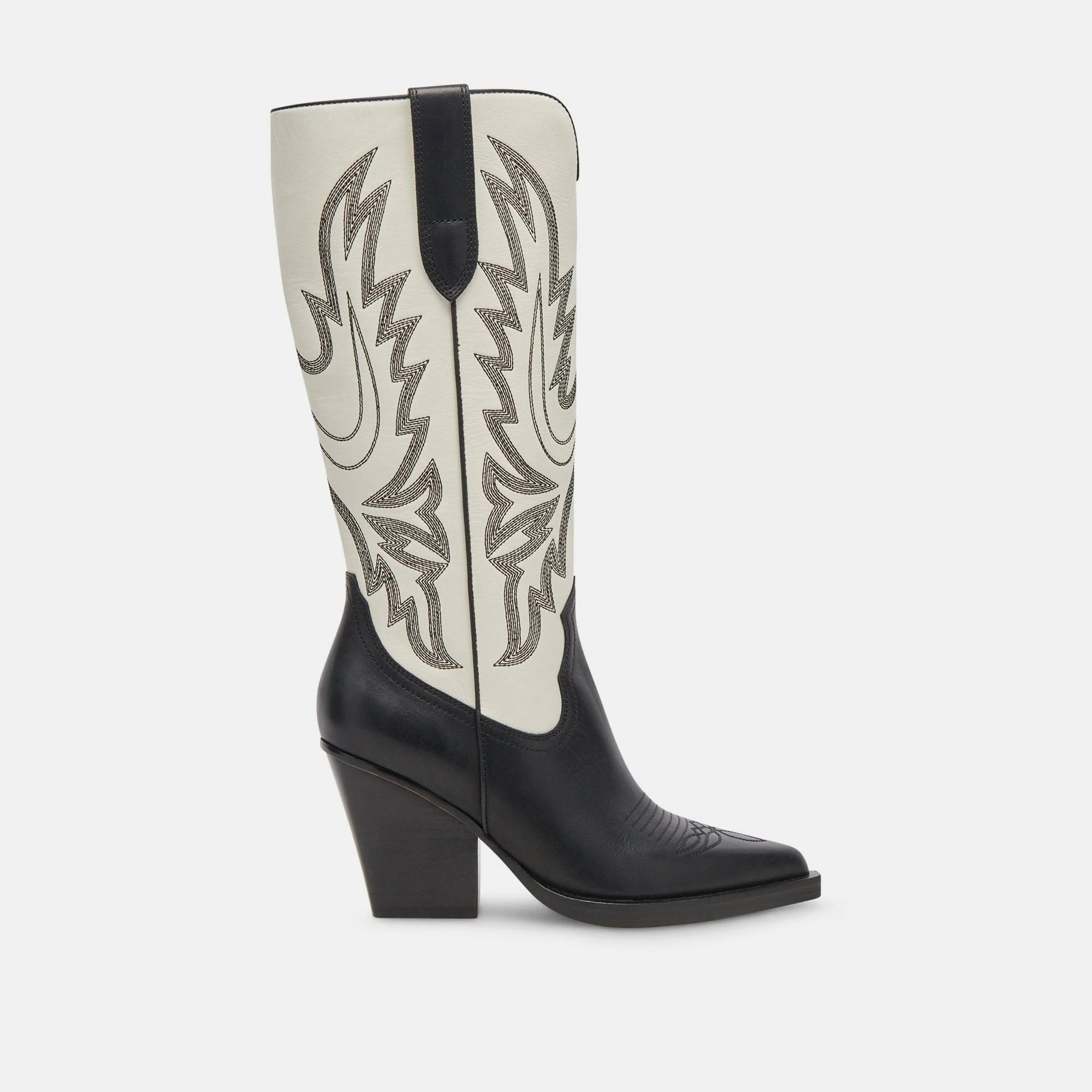 Knee-High Cowboy Boots with Stack Heel - Black and White Design | Image