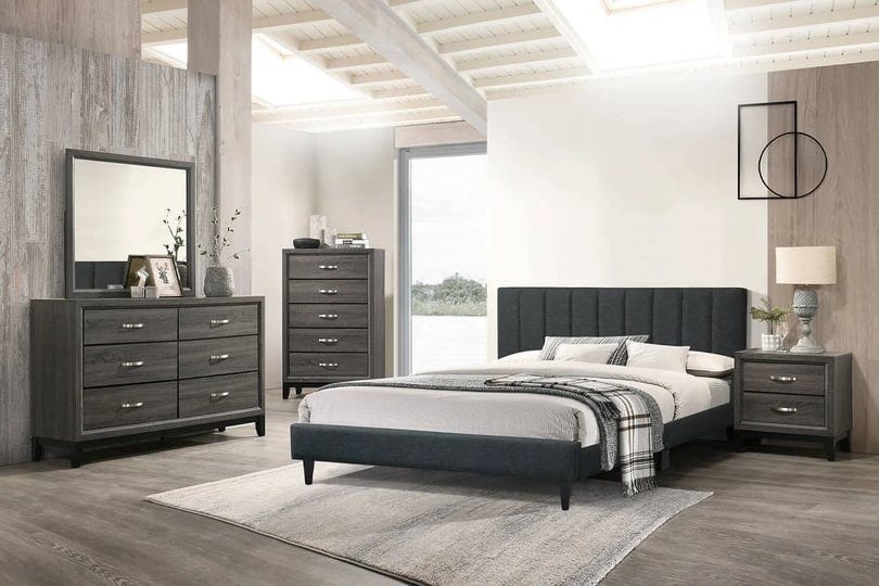 poundex-wooden-fabric-bed-in-charcoal-full-1