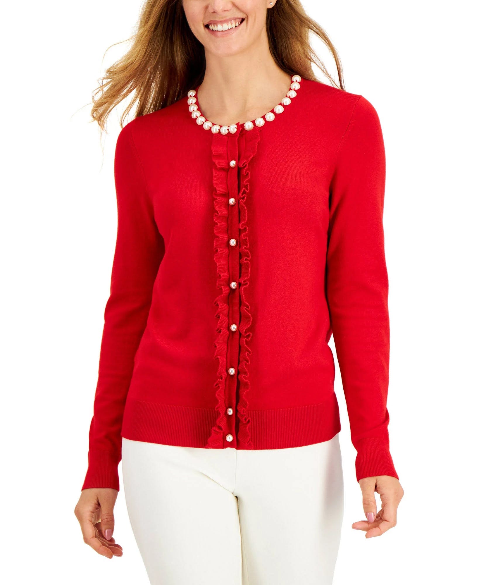 Ruffled-Front Imitation Pearl Red Cardigan | Image