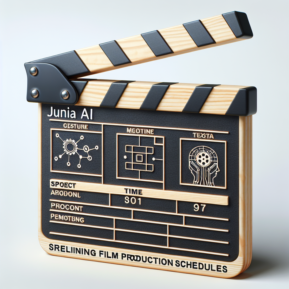 A film clapperboard with abstract AI and film scheduling symbols.