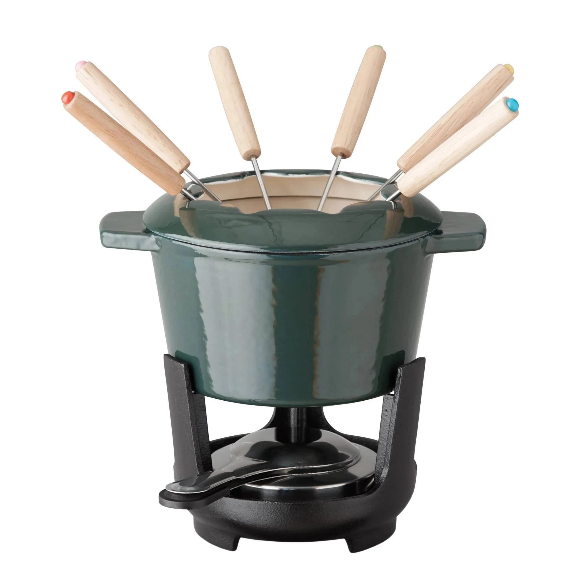 Gibson Cast Iron Fondue Pot Set with Enameled Sycamore Table | Image