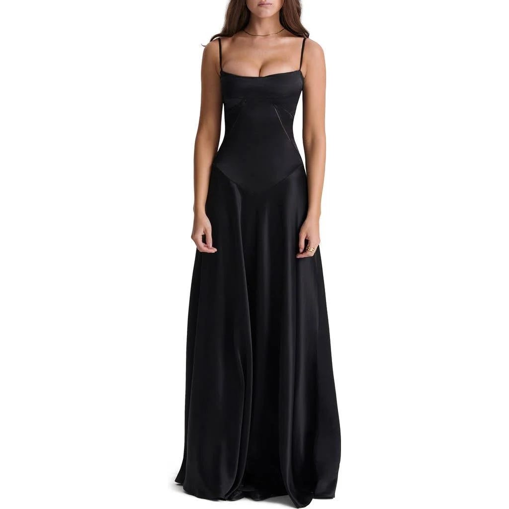 Elegant Black Lace-Up Satin Maxi Slipdress | Image