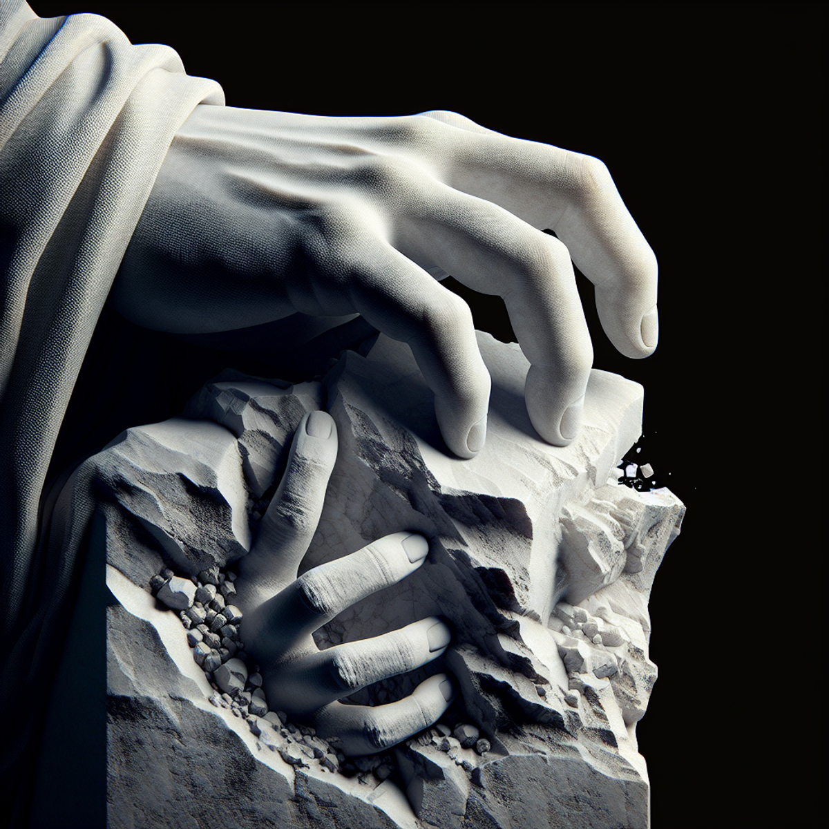 A close-up image of a sculpted hand emerging from a block of stone.