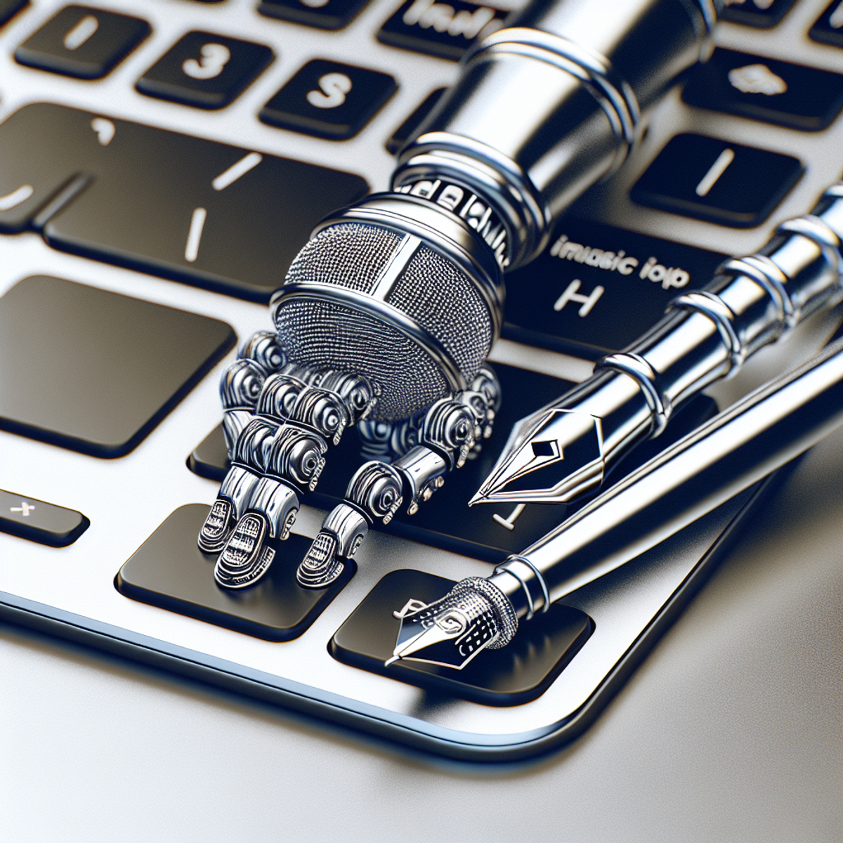 A close-up view of a silver pen next to a modern computer keyboard, symbolizing the collaboration between human editors and AI technology in creating music reviews for internet-based magazines.