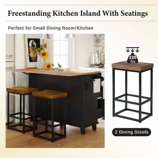 farmhouse-kitchen-island-set-with-drop-leaf-and-2-seatings-blackrustic-brown-1