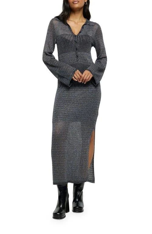 Silver Metallic Long Sleeve Midi Sweater Dress with Side Slit | Image