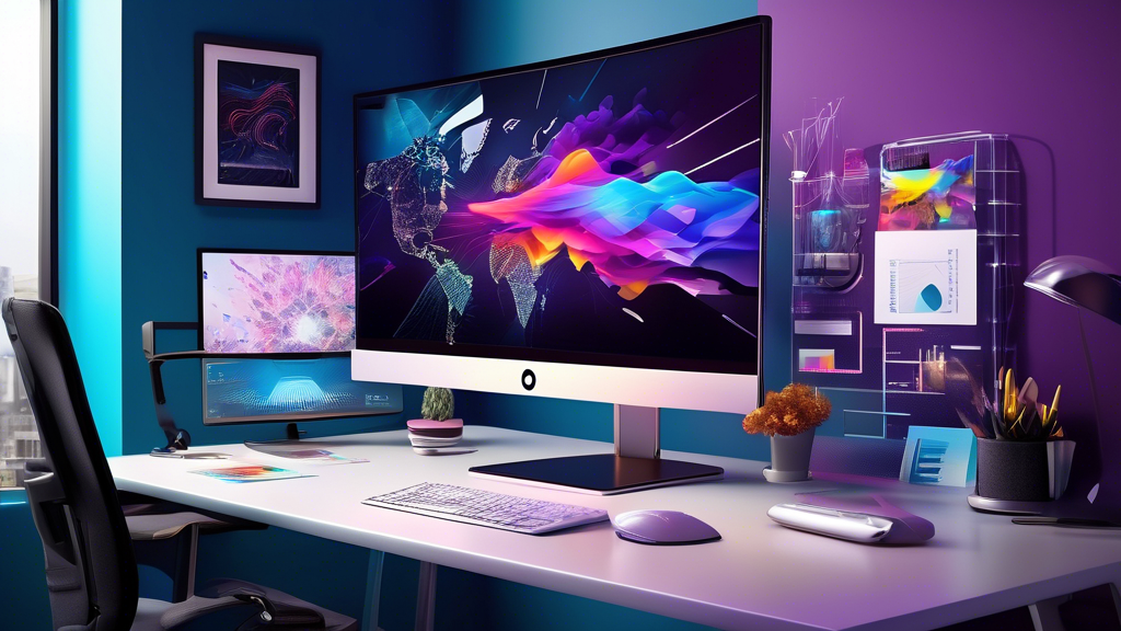Create an image of a sleek and modern office setup featuring the BenQ PD2700U 27-inch 4K monitor at the center of the desk. The monitor is displaying a vibrant and detailed graphic design project, with a color-accurate and crisp display that showcases the monitor