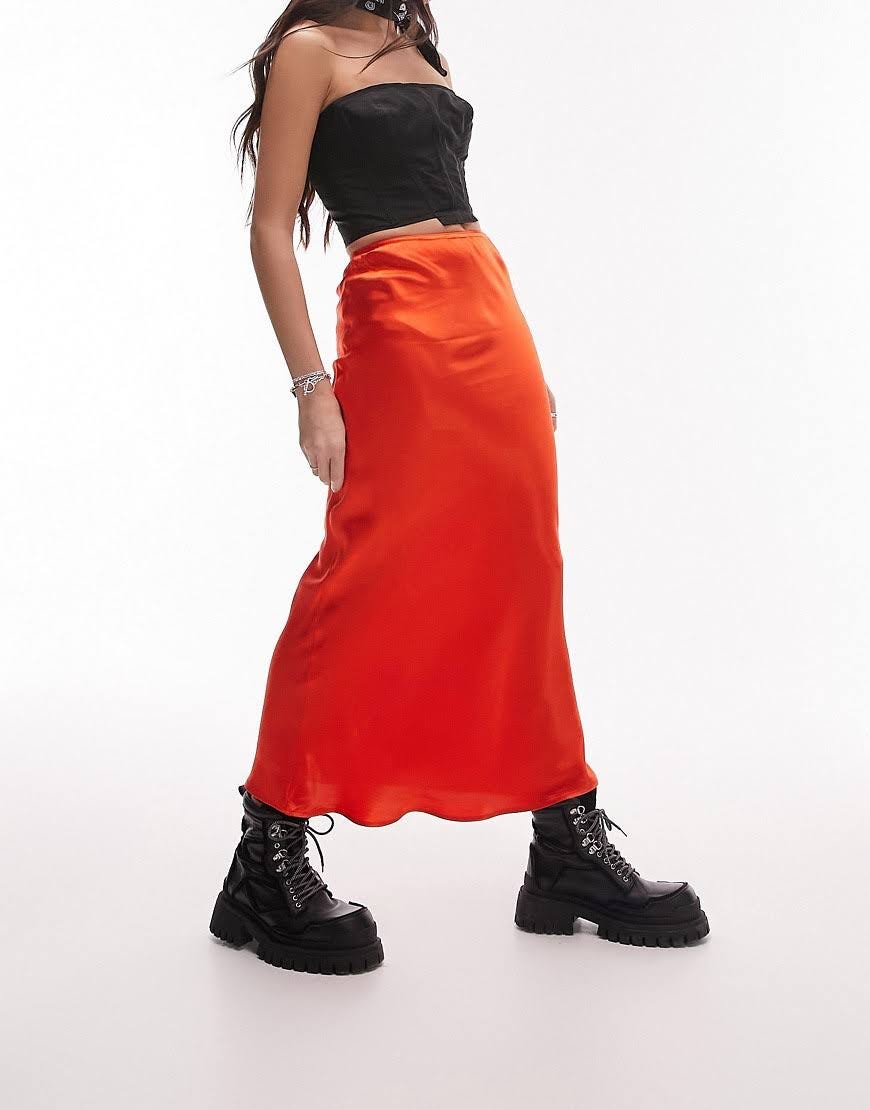 Red Satin Midi Skirt for Stylish Looks | Image