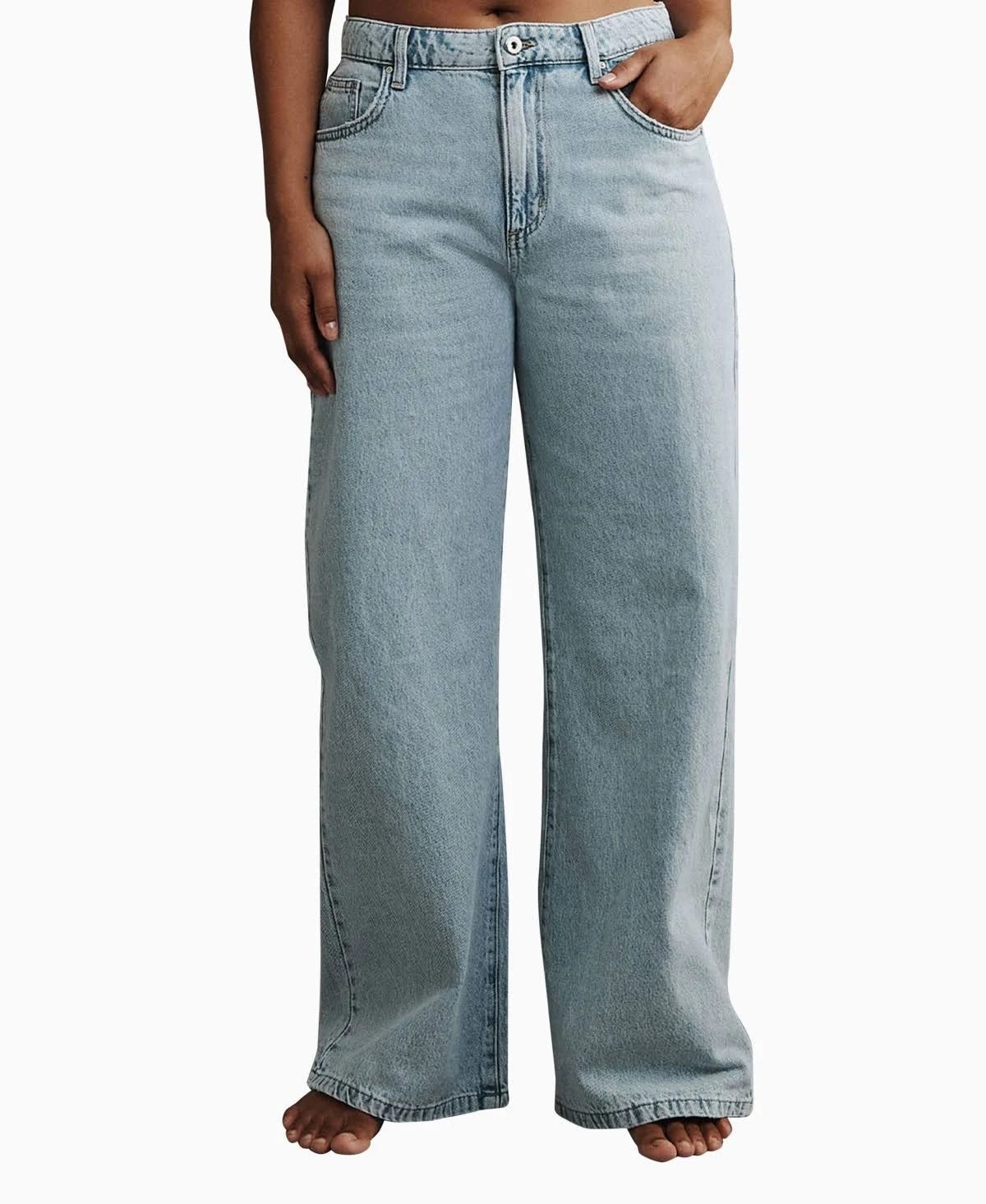 Light Wash Blue Wide Leg Non-Stretch Cotton Jeans | Image