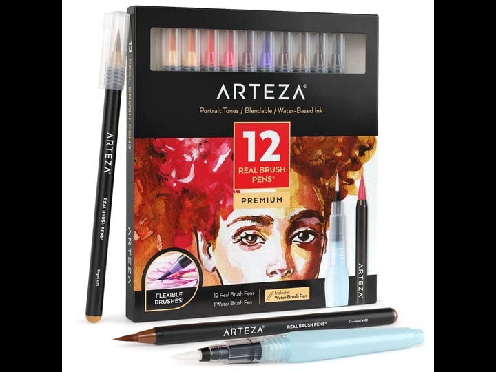 arteza-real-brush-pens-set-of-12-portrait-tones-blendable-watercolor-markers-and-1-water-brush-art-s-1