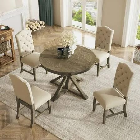 54 Inch Retro Dining Table Set for 4 with X-Shaped Base and Oak Veneer Top | Image