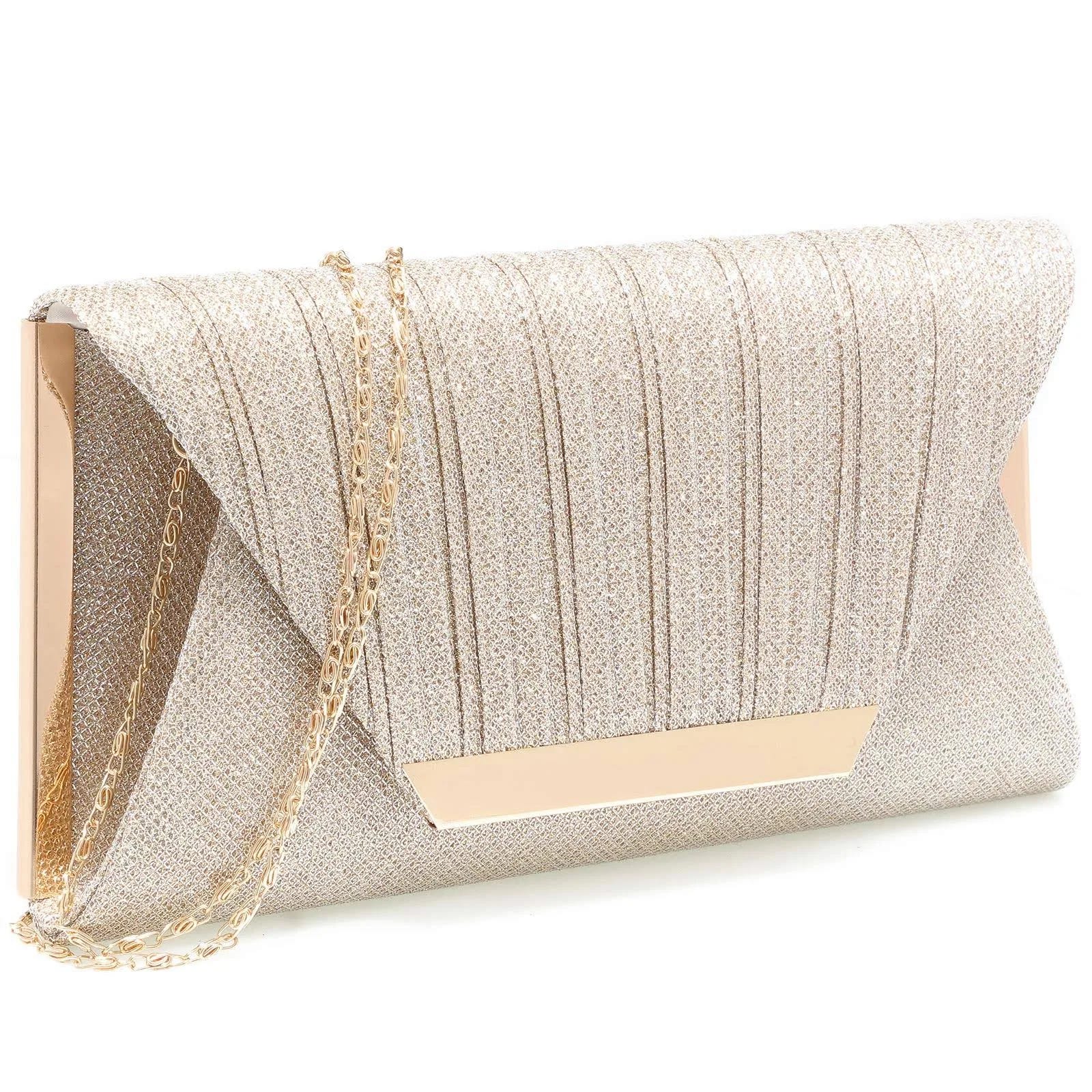 Mihawk Champagne Evening Clutch Purse for Women - Sparkling Mesh and Gold Accents | Image