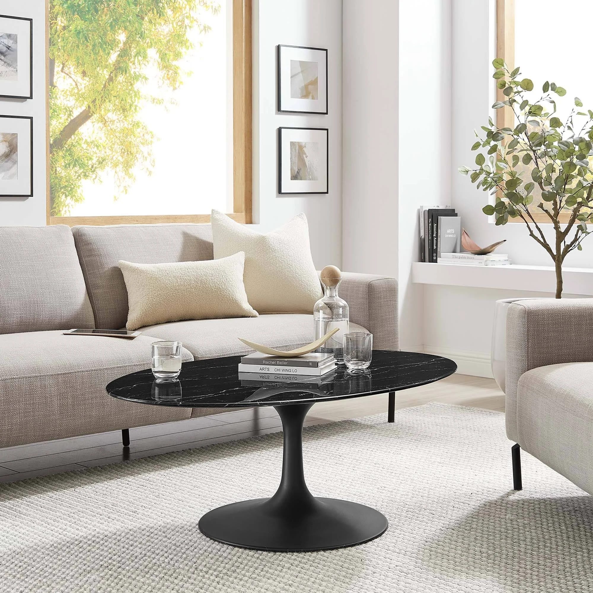 Modern Black Oval Marble Coffee Table by Modway | Image