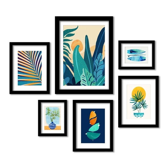 contemporary-blue-orange-botanicals-6-piece-framed-gallery-wall-set-multi-black-matted-americanflat-1