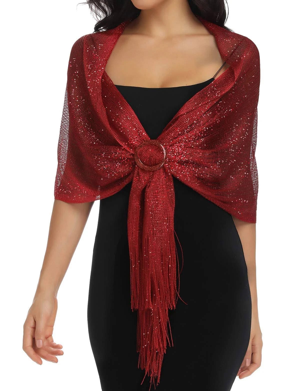 Luxurious Red Shawl with Metallic Thread for Evening Dresses | Image