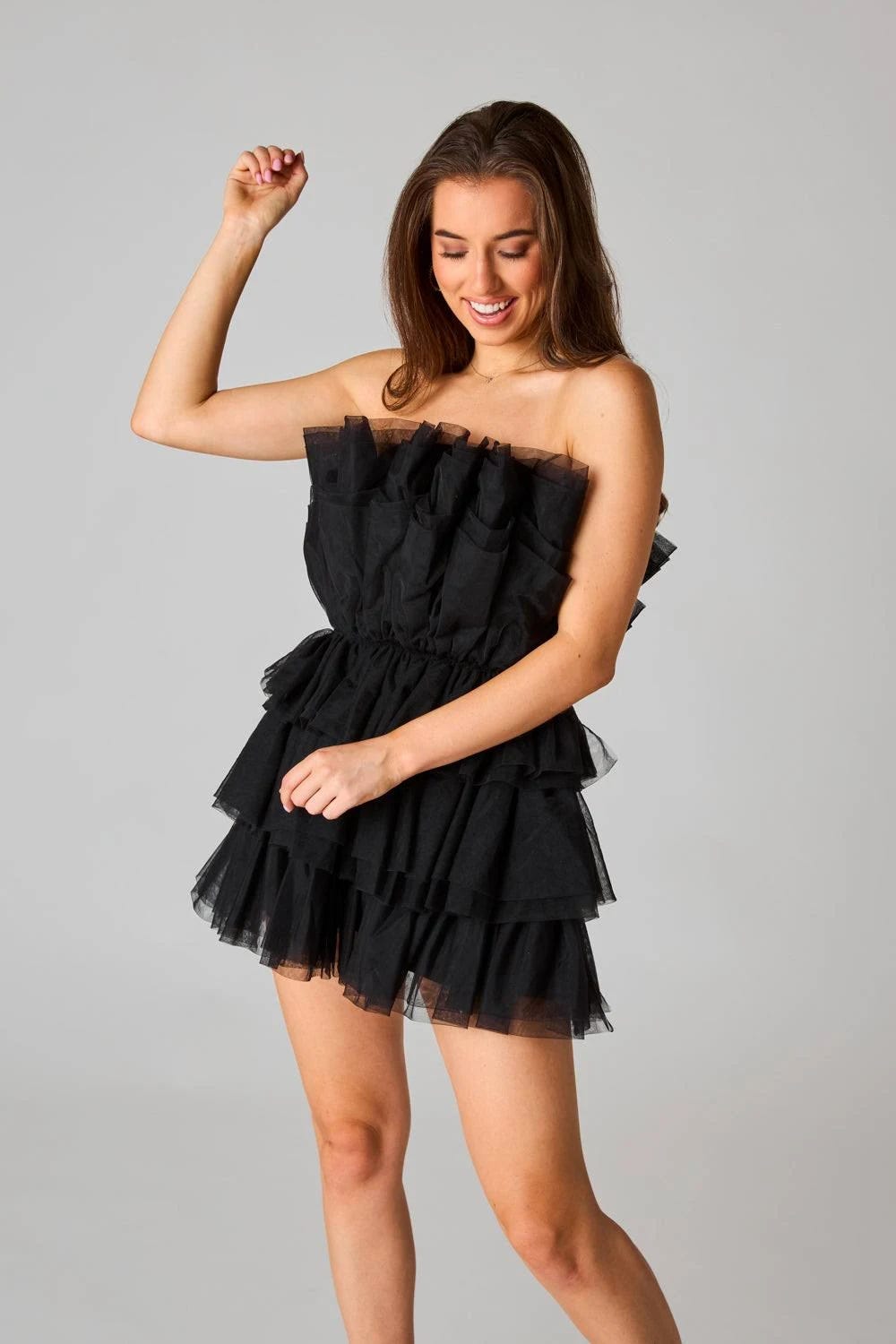 Black Powder Puff Strapless Mini Dress by RaeLynn & BuddyLove | Image