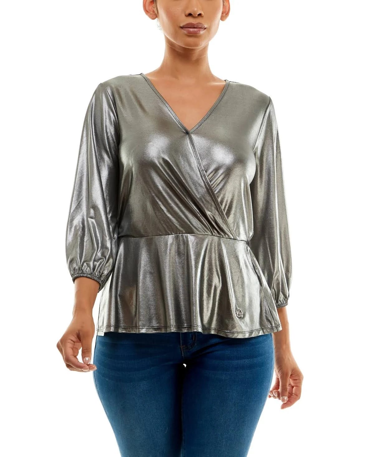 Silver Metallic Peplum Top with Surplice Wrap Front | Image