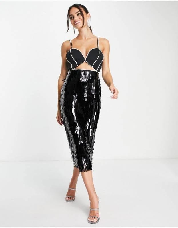 Embellished Sequin Black Midi Dress | Image