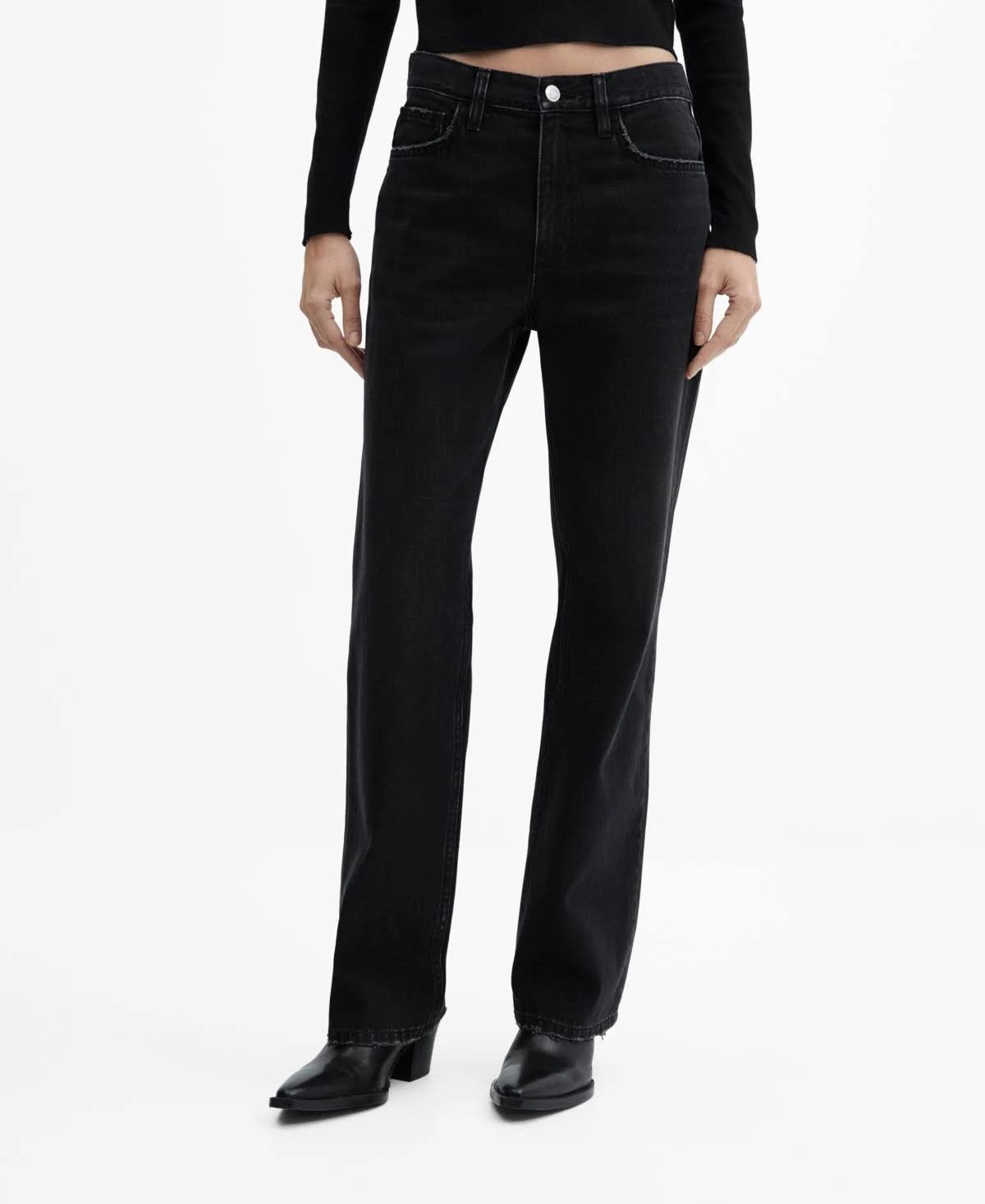 Mango Mid-Rise Straight Jeans for Women in Black Denim | Image