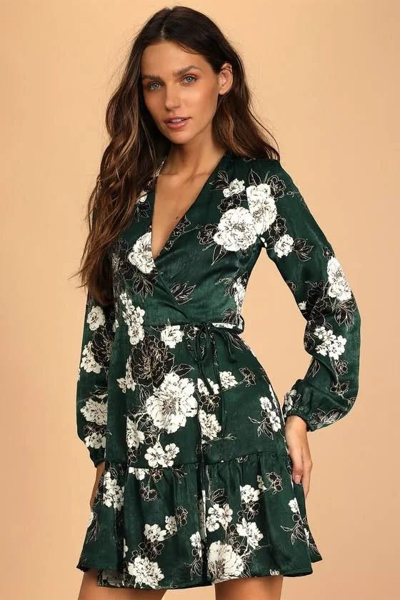 Dark Green Floral Satin Long Sleeve Wrap Dress for Women | Image