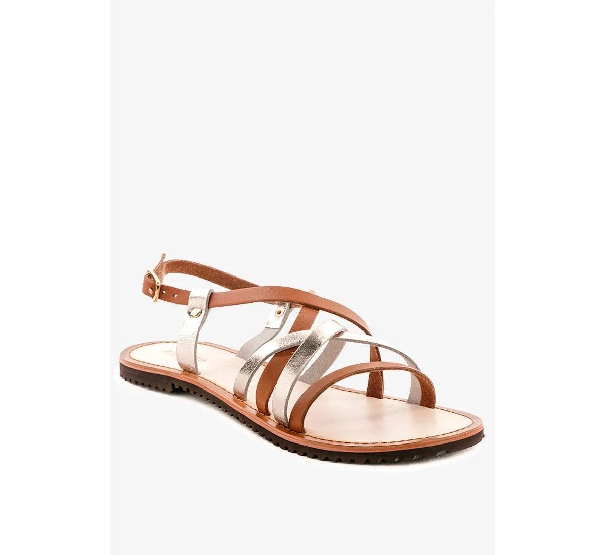 Brown Genuine Leather Flat Sandals with Adjustable Strap | Image