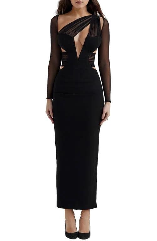Sleek Long Sleeve Black Cocktail Dress with Asymmetric Cutouts | Image