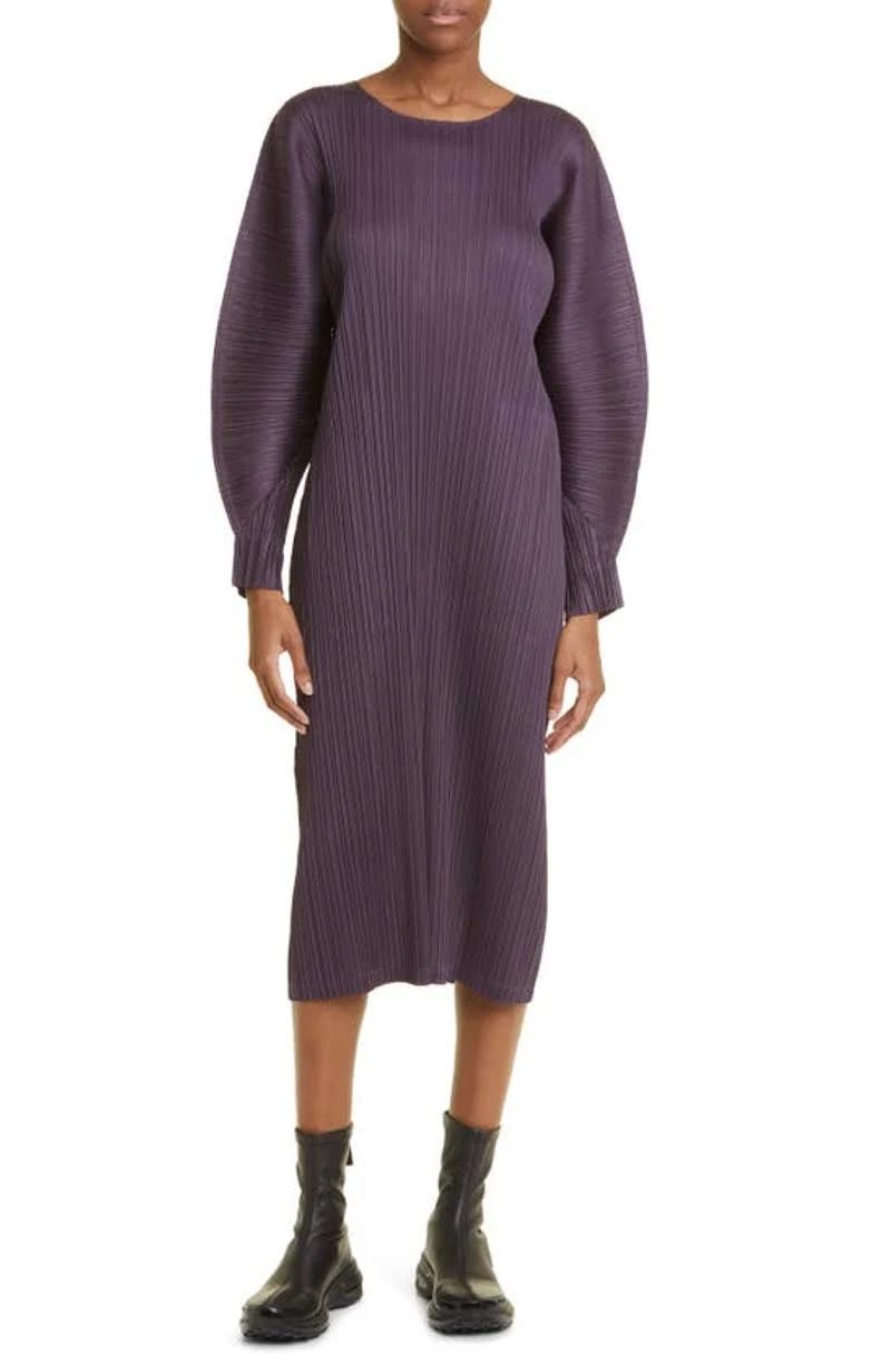 Dark Purple Long Sleeve Midi Dress from Pleats Please Issey Miyake | Image