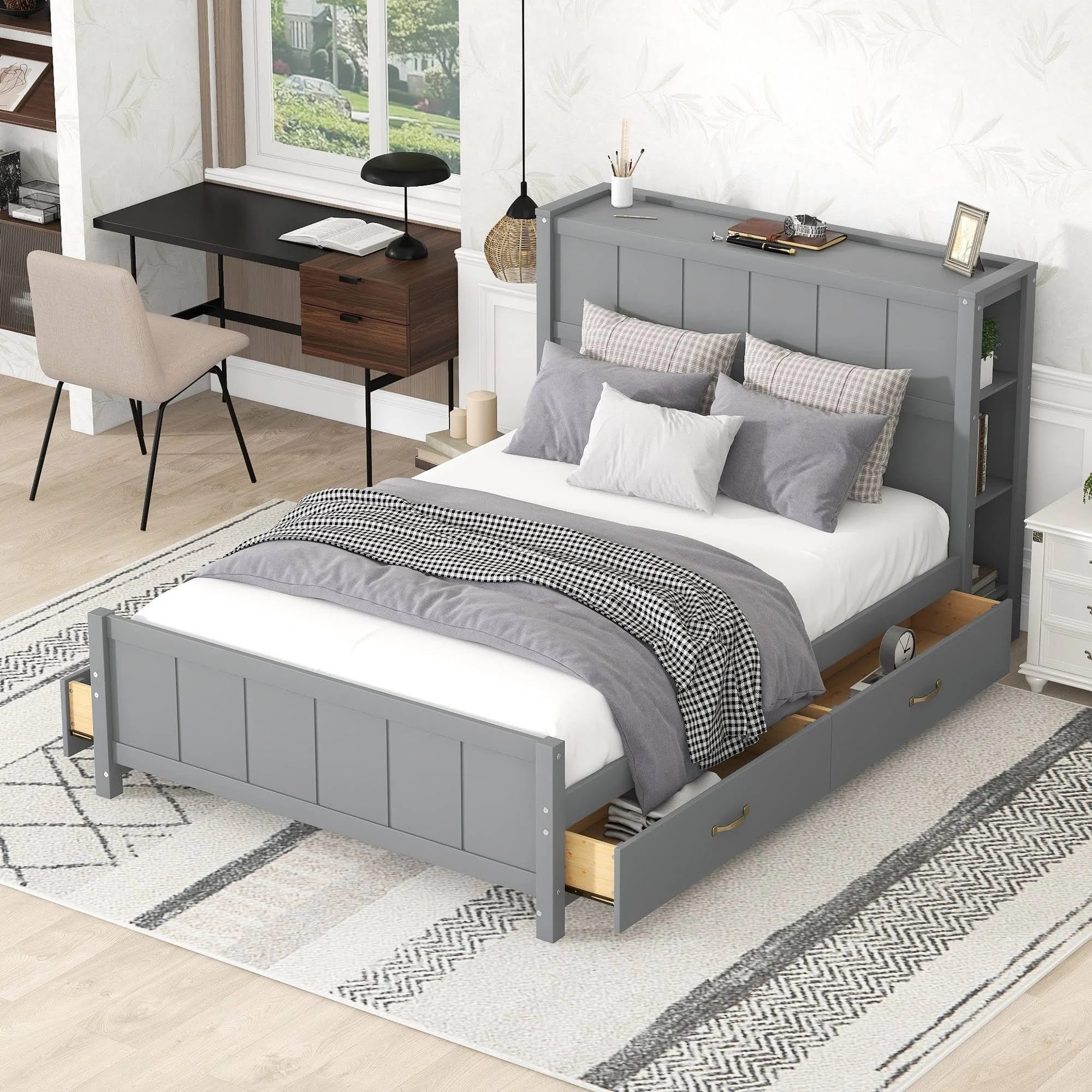 Modern Full Size Platform Bed with 4 Storage Drawers and Bookcase Headboard - Grey | Image