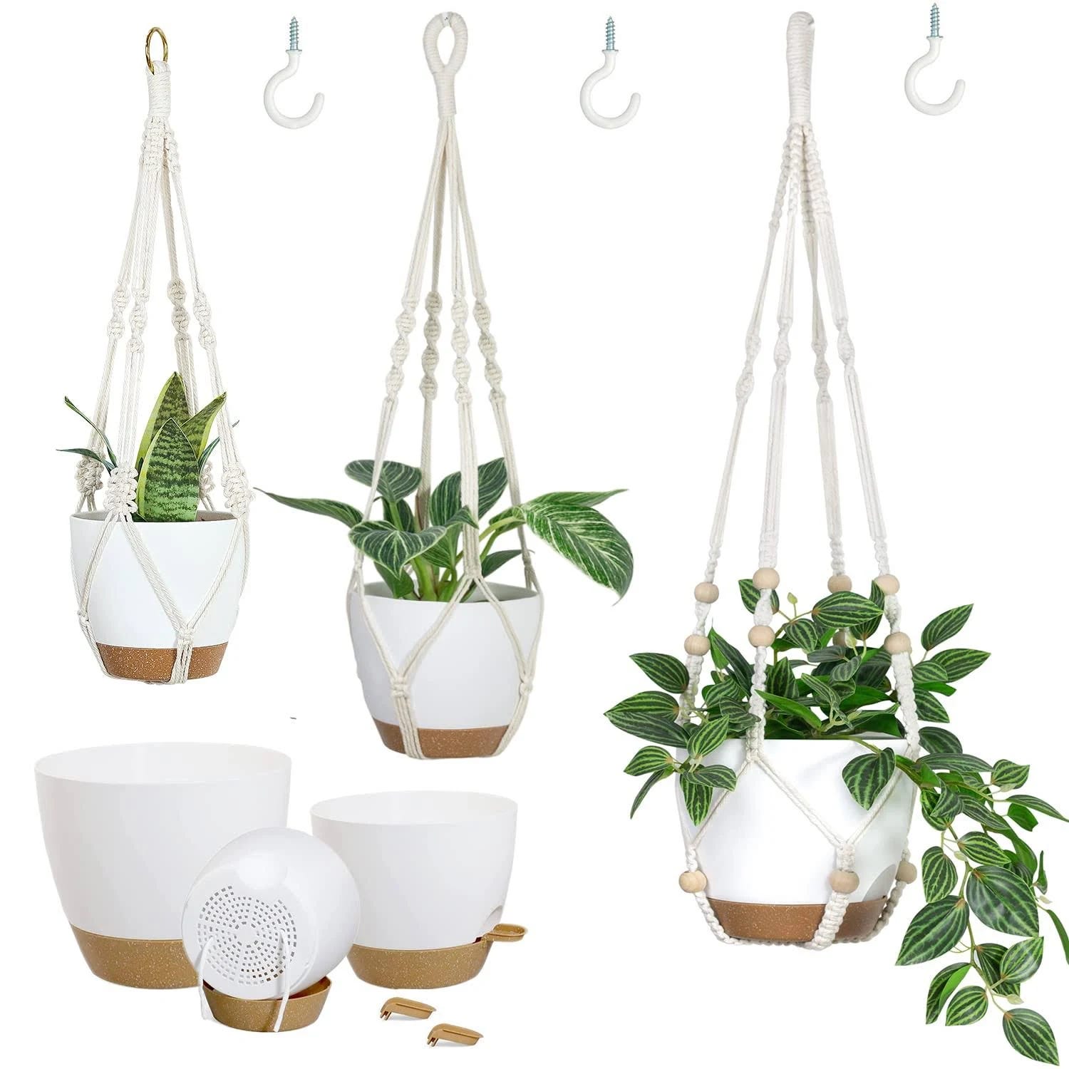 Bouqlife Macrame Hanging Garden Set: 3 Self-Watering Planters for Indoor-Outdoor Use | Image