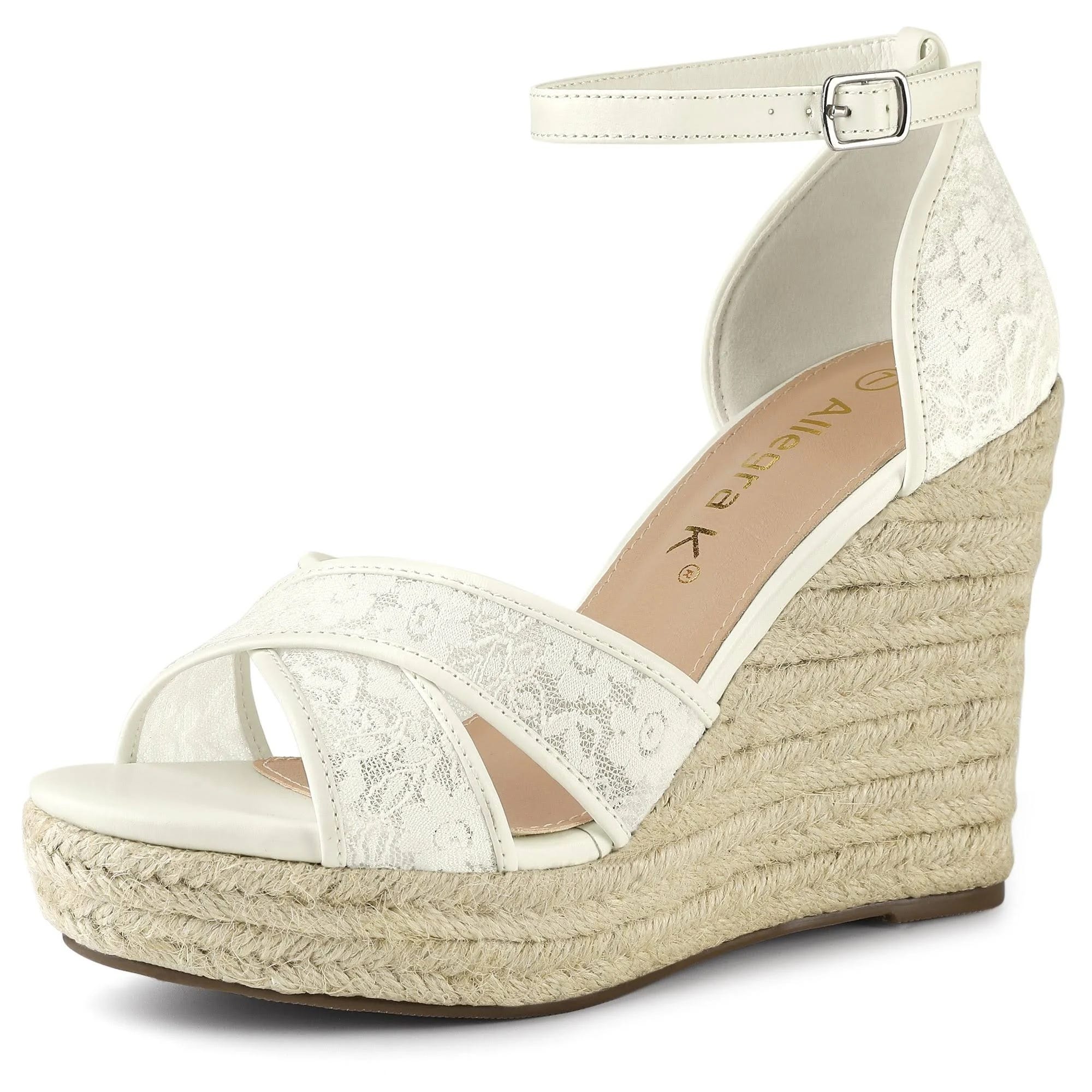 Lace Ankle Strap Espadrille Wedge Heel Sandals - White | Image