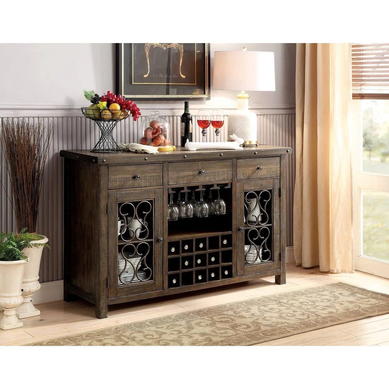 Rustic Walnut Dining Server with Metal Scrollwork and Wine Glass Holder | Image