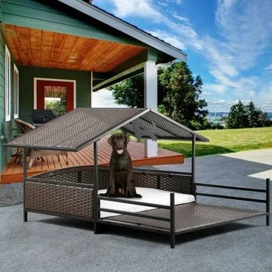 dextrus-32-9in-outdoor-rattan-dog-house-with-canopy-water-resistant-dog-bed-with-beige-cushion-for-s-1