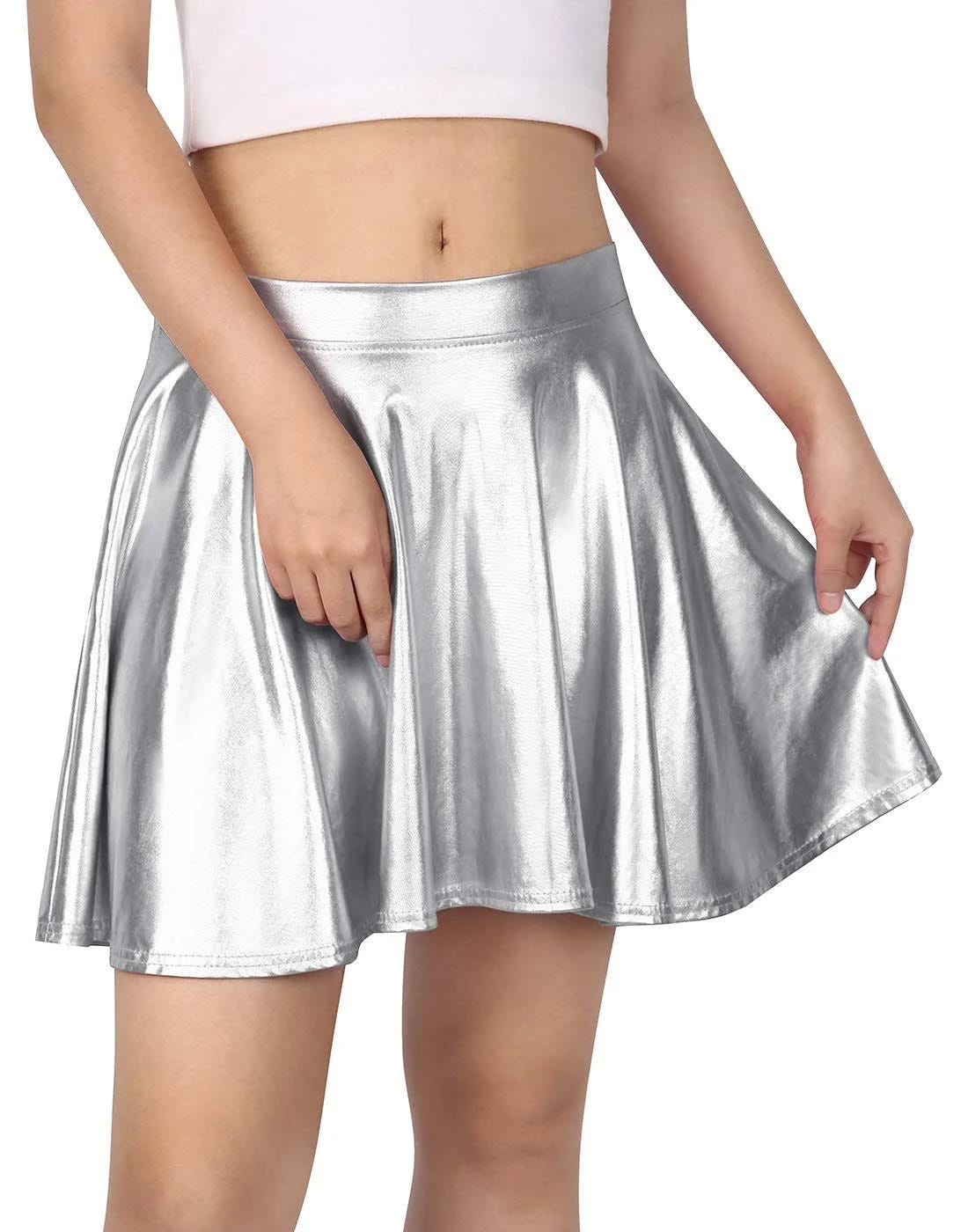 Sleek, Shiny Liquid Metallic Flared Pleated Skater Skirt | Image