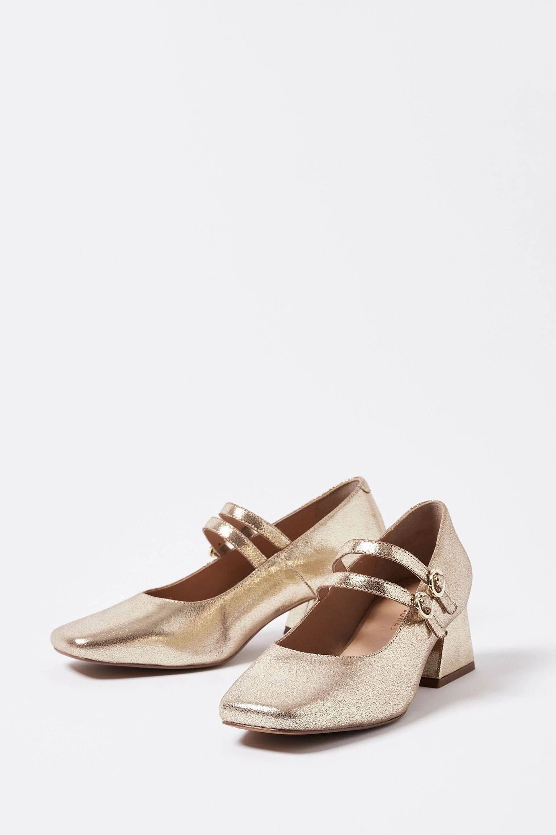 Gold Metallic Flared Shoes with Chic Mary Jane Design | Image