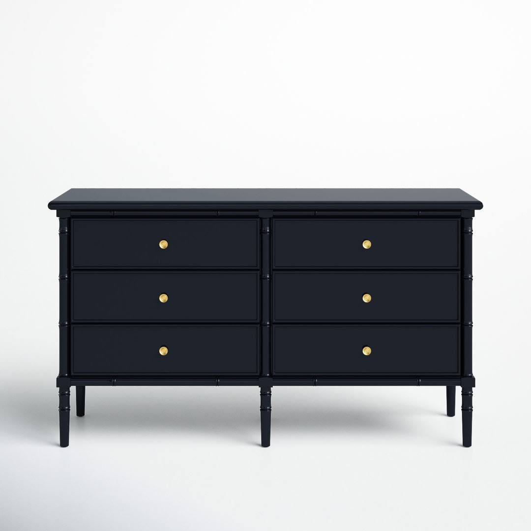 Navy Blue Double Dresser with 6 Drawers and Bamboo Accents | Image