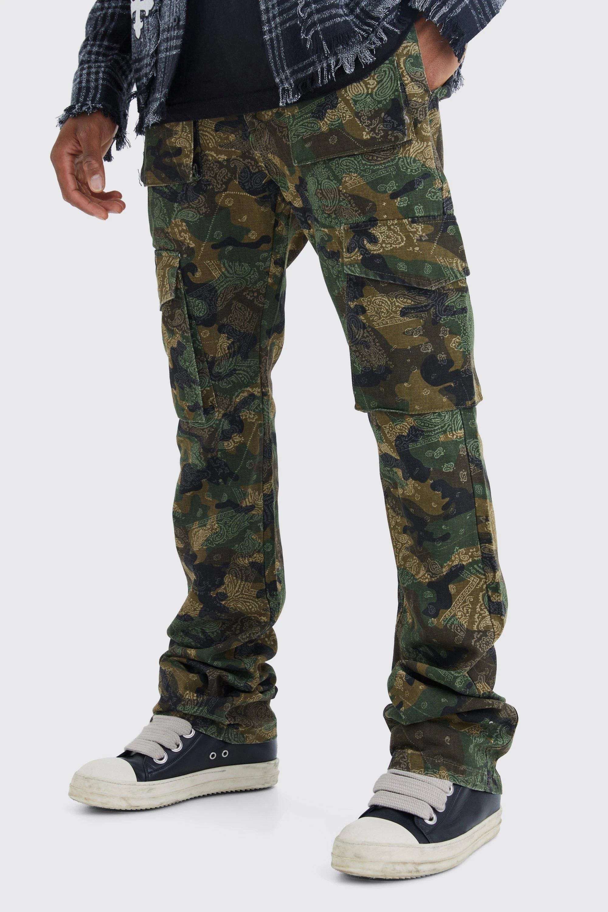 Slim Stacked Flare Multi Cargo Camo Bandana Pants for Men | Image