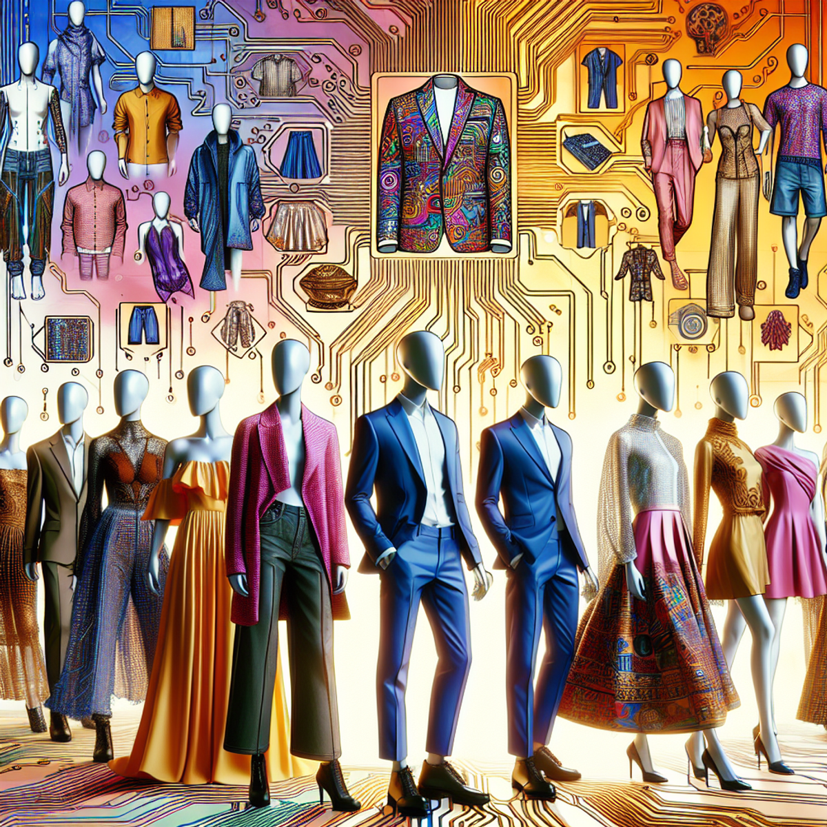 A digital illustration of various fashion sketches and computer algorithms symbolized by circuit-like patterns, showcasing a range of diverse and stylish clothing items including dresses, suits, and casual wear from different cultural backgrounds.