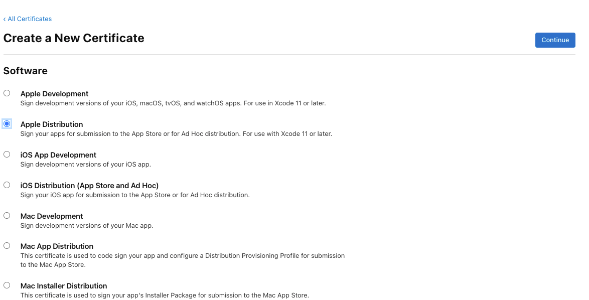 A view of the Apple Developer Portal when creating a distribution certificate