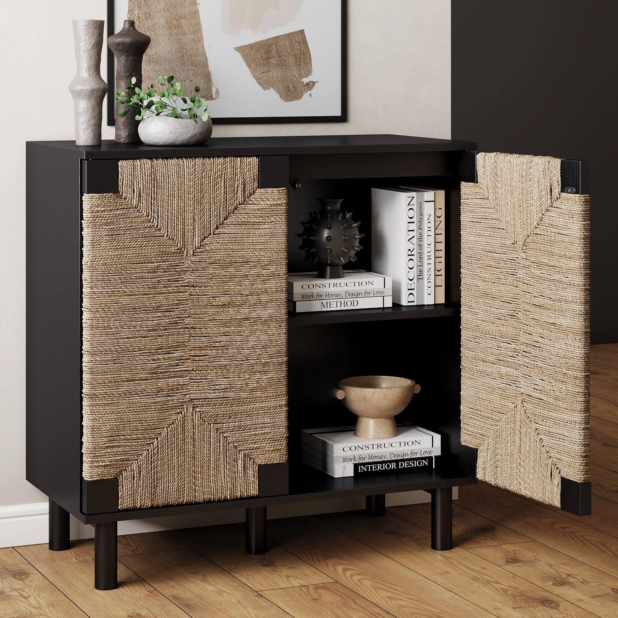 Stylish Wood & Seagrass Entryway Cabinet | Image