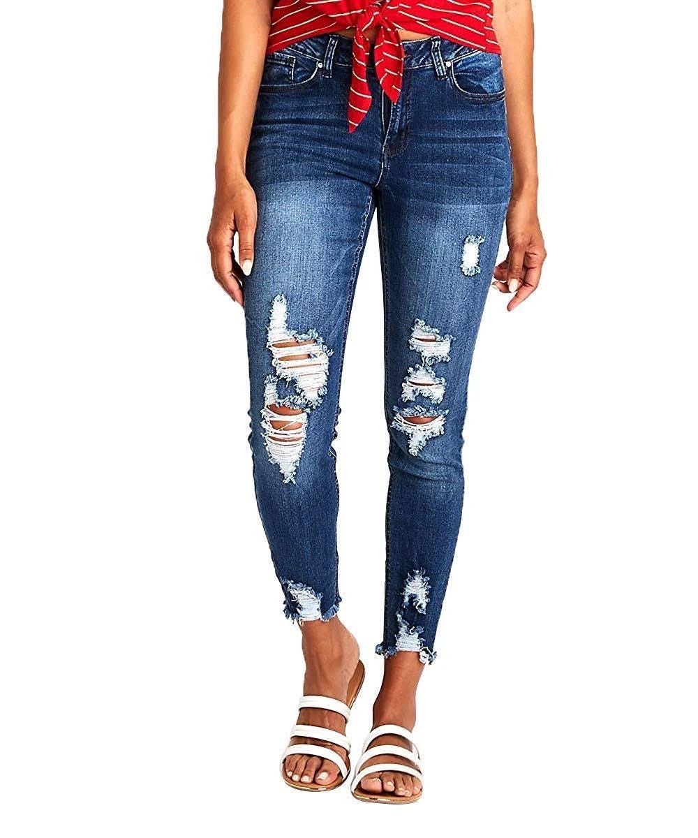 Ripped Boyfriend Jeans - Dark Blue with 30